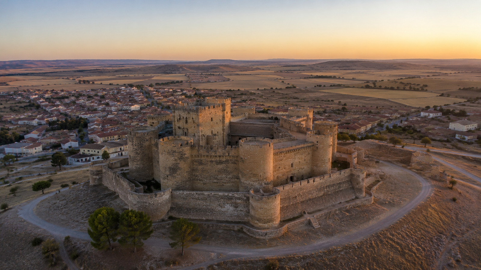 Castillo de Belmonte al atardecer, vista aérea